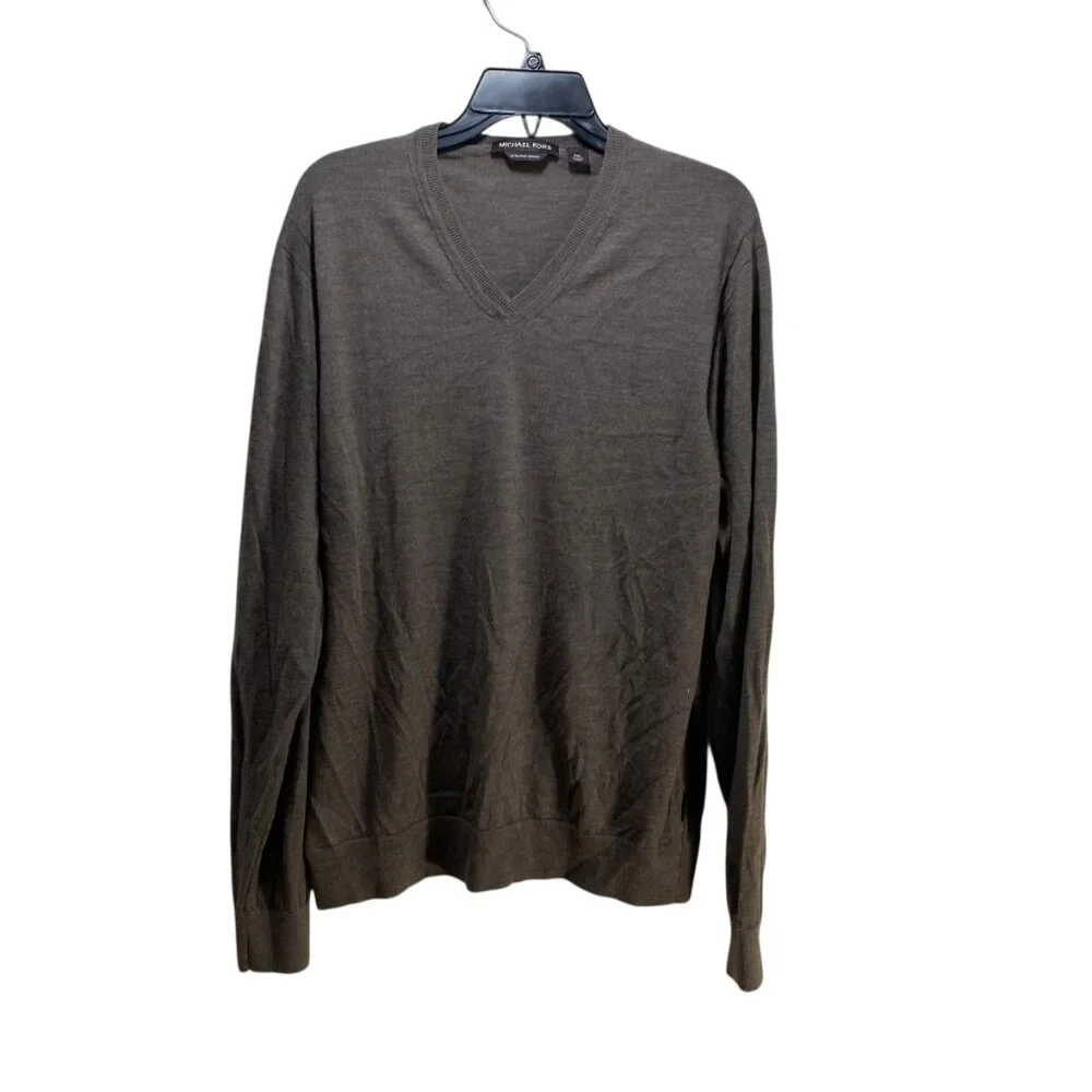 Michael Kors Extrafine Merino‎ Soft Sweater XXL Taupe Tan Brown V-Neck Academia